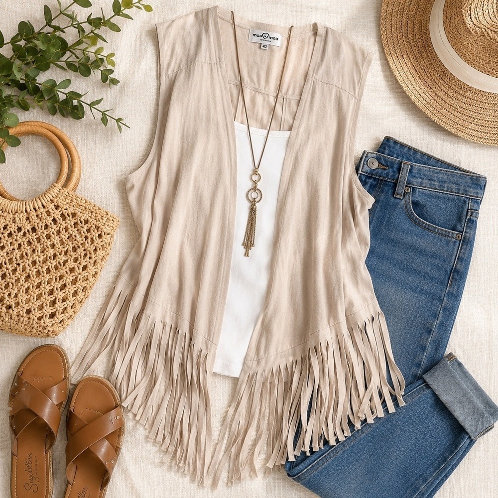 Moa Moa Faux Suede Open Front fringe vest size 3X Beige Boho Western festival